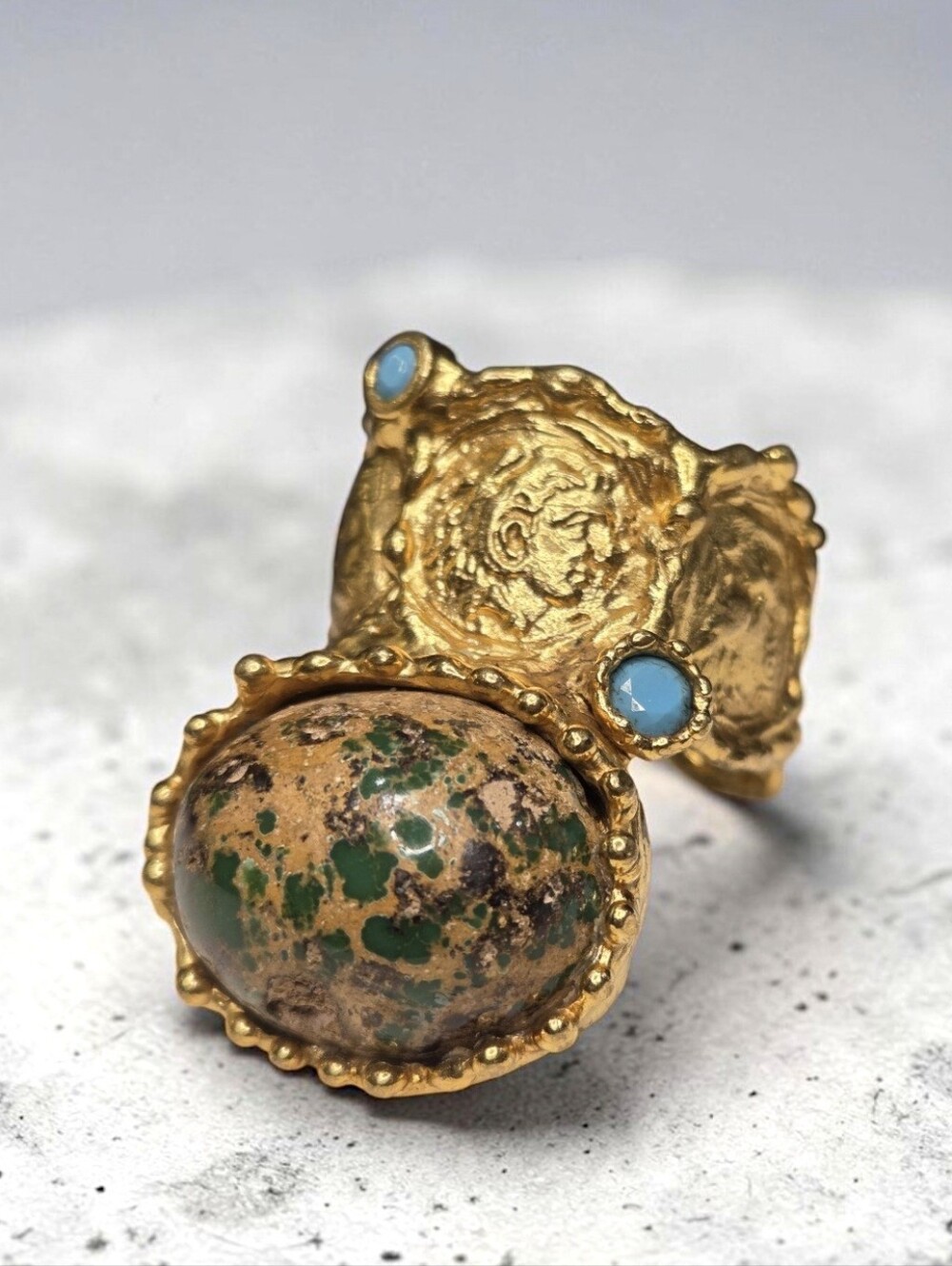 18k Gold Plated Artisan Byzantine Coin Unakite & Turquoise Stone Statement Ring